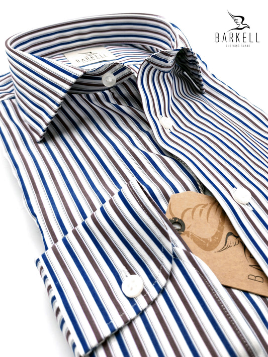 Camicia in Cotone No Stiro Rigata Blu e Marrone Fondo Bianco Collo Francese