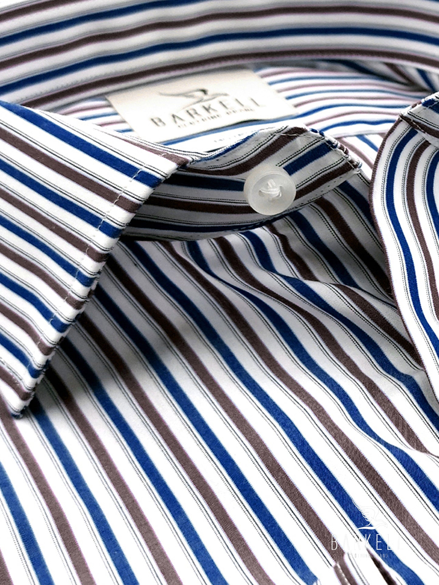 Camicia in Cotone No Stiro Rigata Blu e Marrone Fondo Bianco Collo Francese