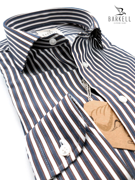 Camicia in Cotone No Stiro Rigata Blu e Marrone Fondo Bianco Collo Francese
