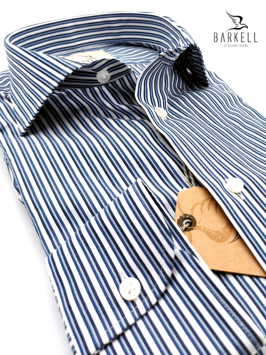 Camicia in Cotone No Stiro Rigata Blu e Indaco Fondo Bianco Collo Francese
