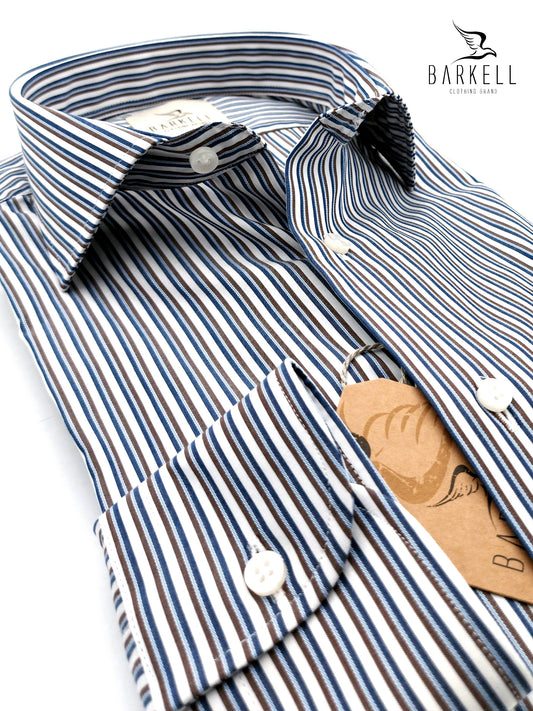 Camicia in Cotone No Stiro Rigata Marrone e Indaco Fondo Bianco Collo Francese