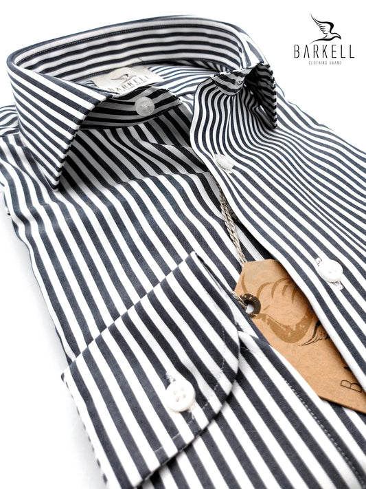 Camicia in Cotone No Stiro Rigata Blu e Bianco Collo Francese