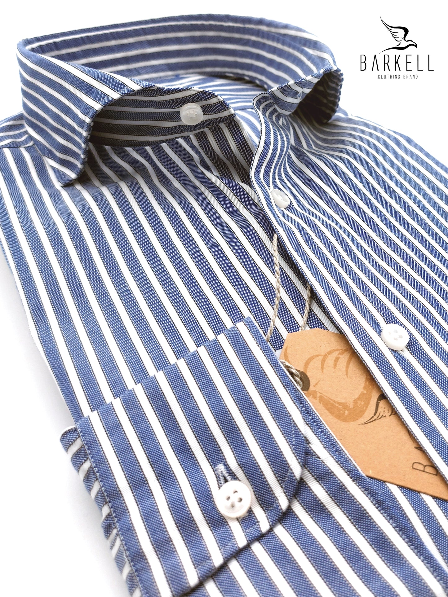 Camicia in Cotone Rigata Bianca e Blu Collo Francese Cutaway