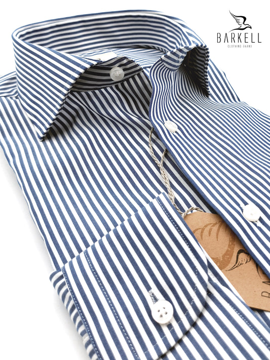 Camicia in Cotone No Stiro Rigata Bianca e Blu Collo Francese