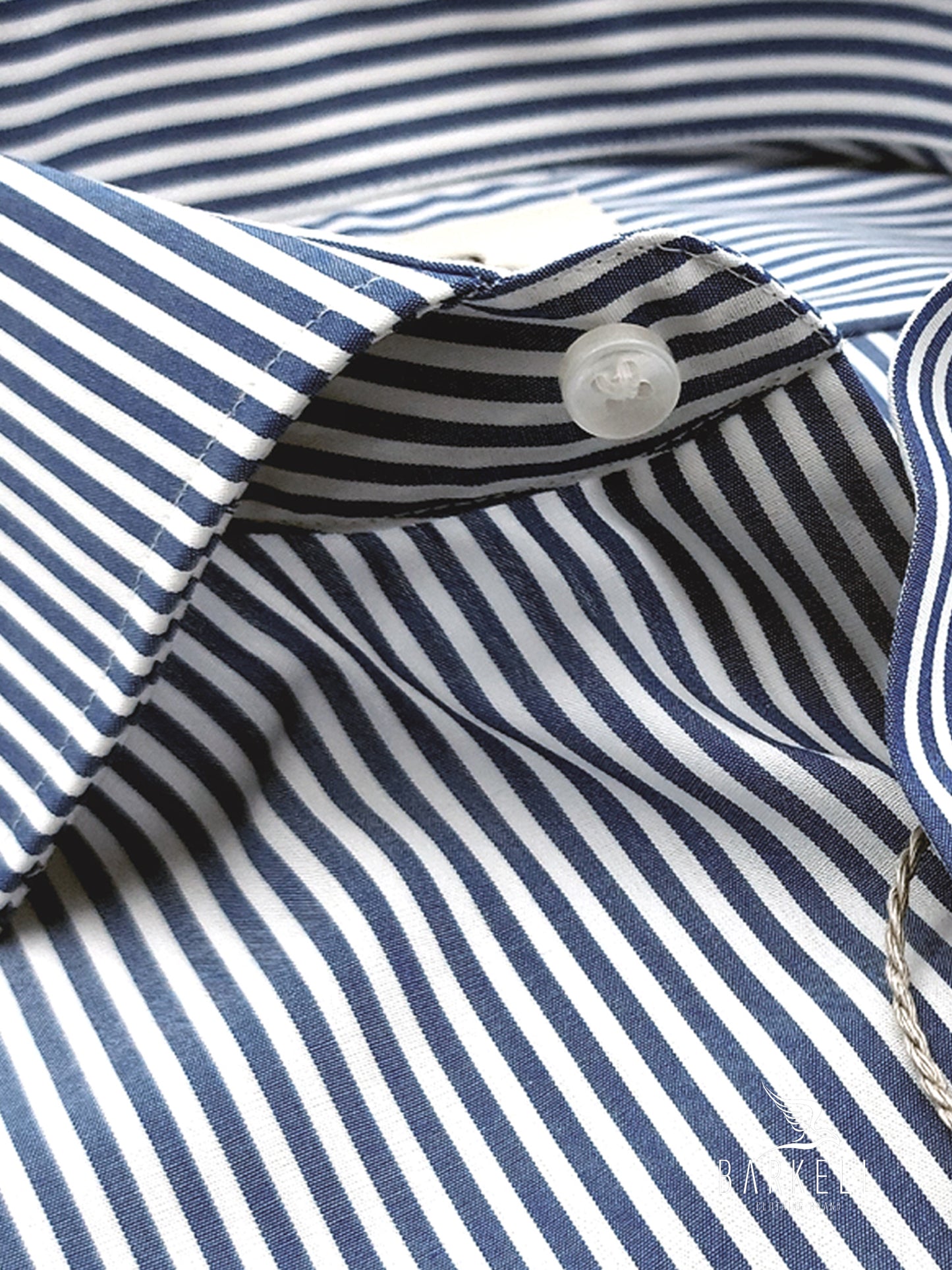 Camicia in Cotone No Stiro Rigata Bianca e Blu Collo Francese