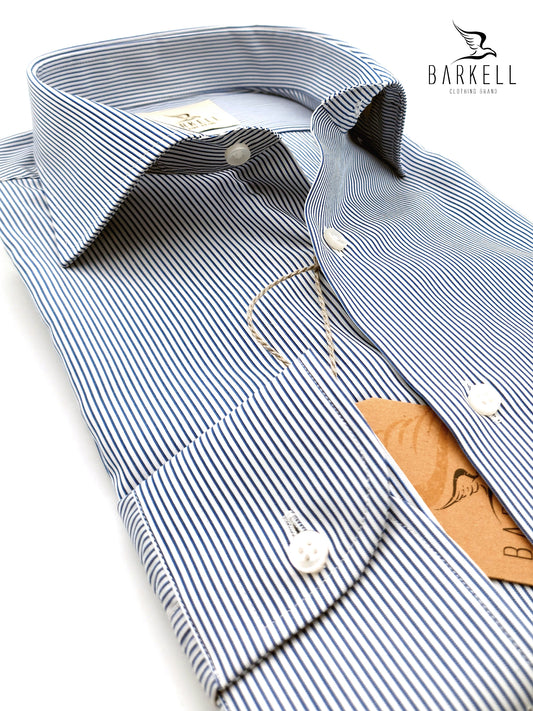 Camicia in Cotone No Stiro Rigata Bianca e Blu Collo Francese