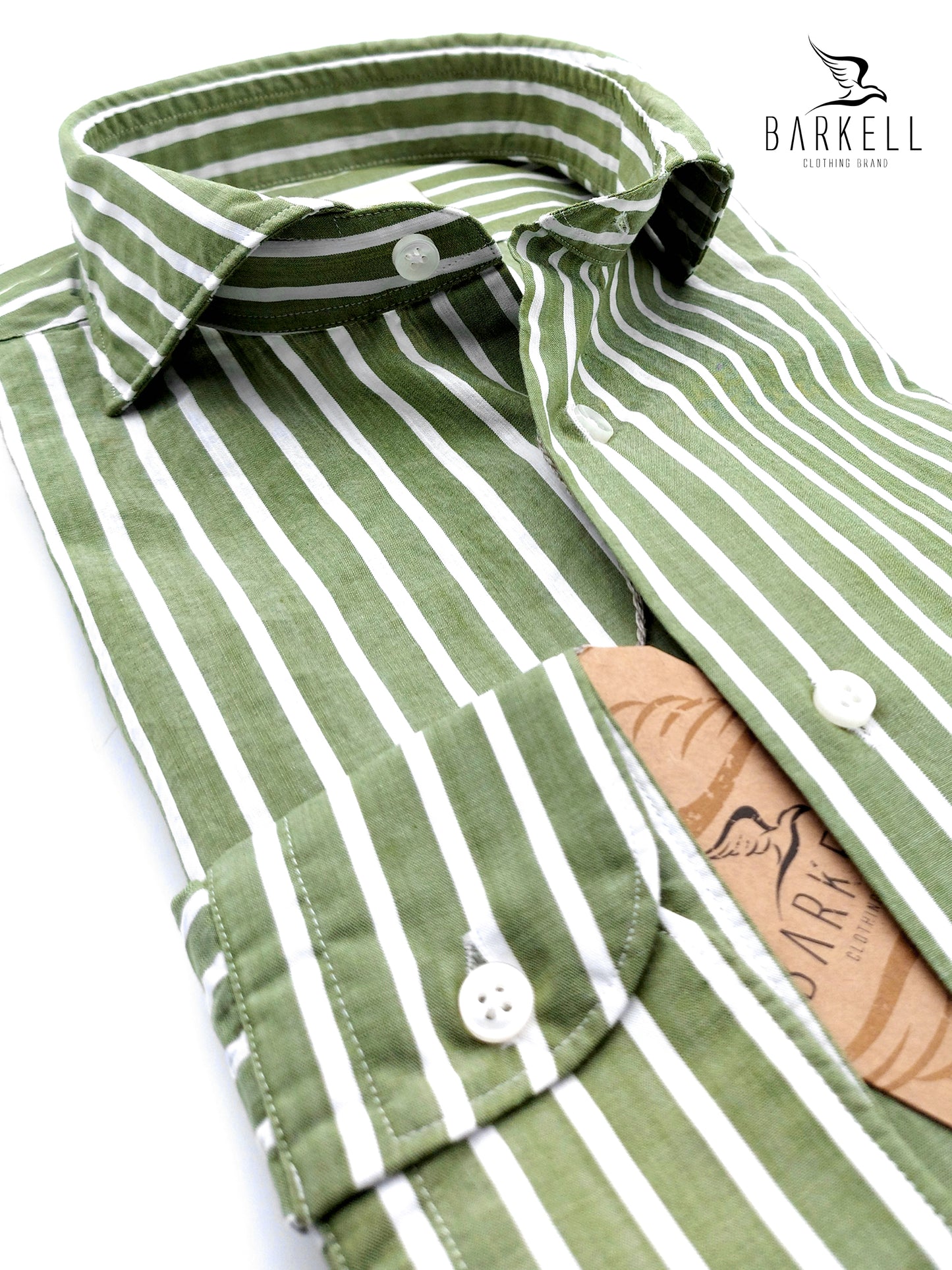 Camicia in Cotone Rigata Verde Oliva e Bianco Collo Francese Cutaway
