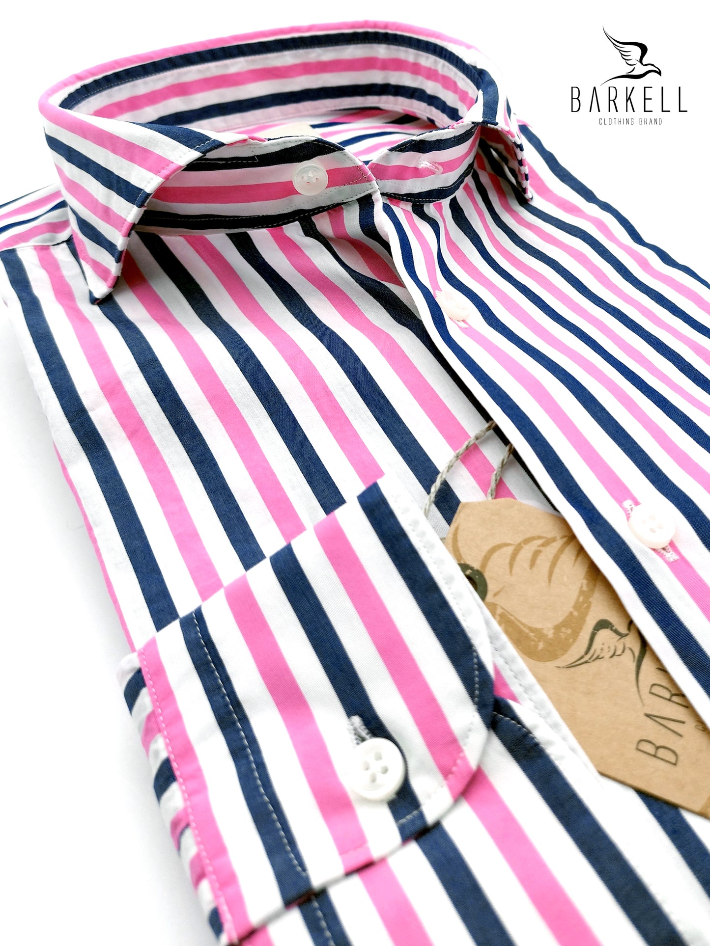 Camicia in Cotone Rigata Blu e Rosa Pink Collo Francese Cutaway
