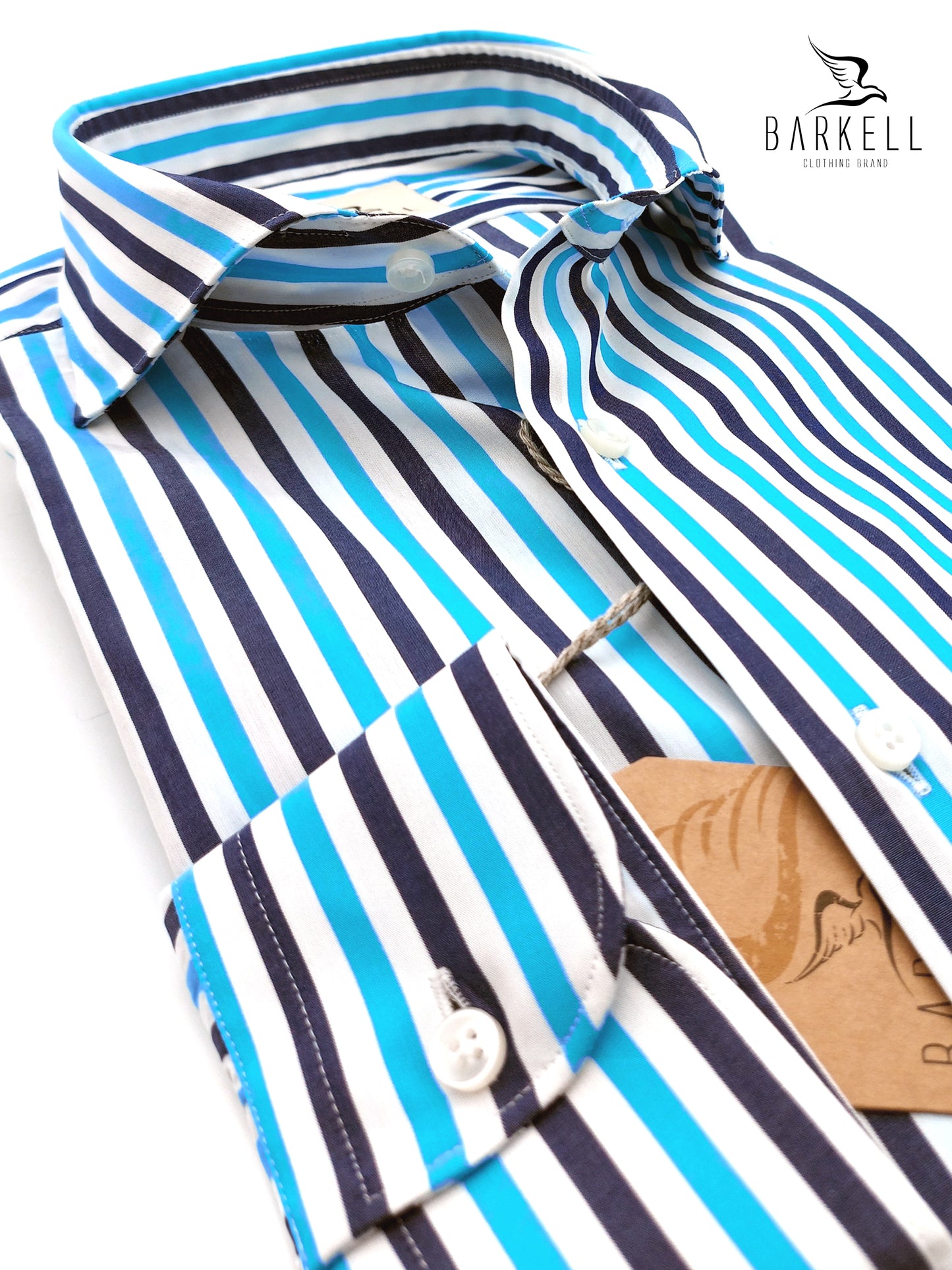 Camicia in Cotone Rigata Blu e Turchese Collo Francese Cutaway