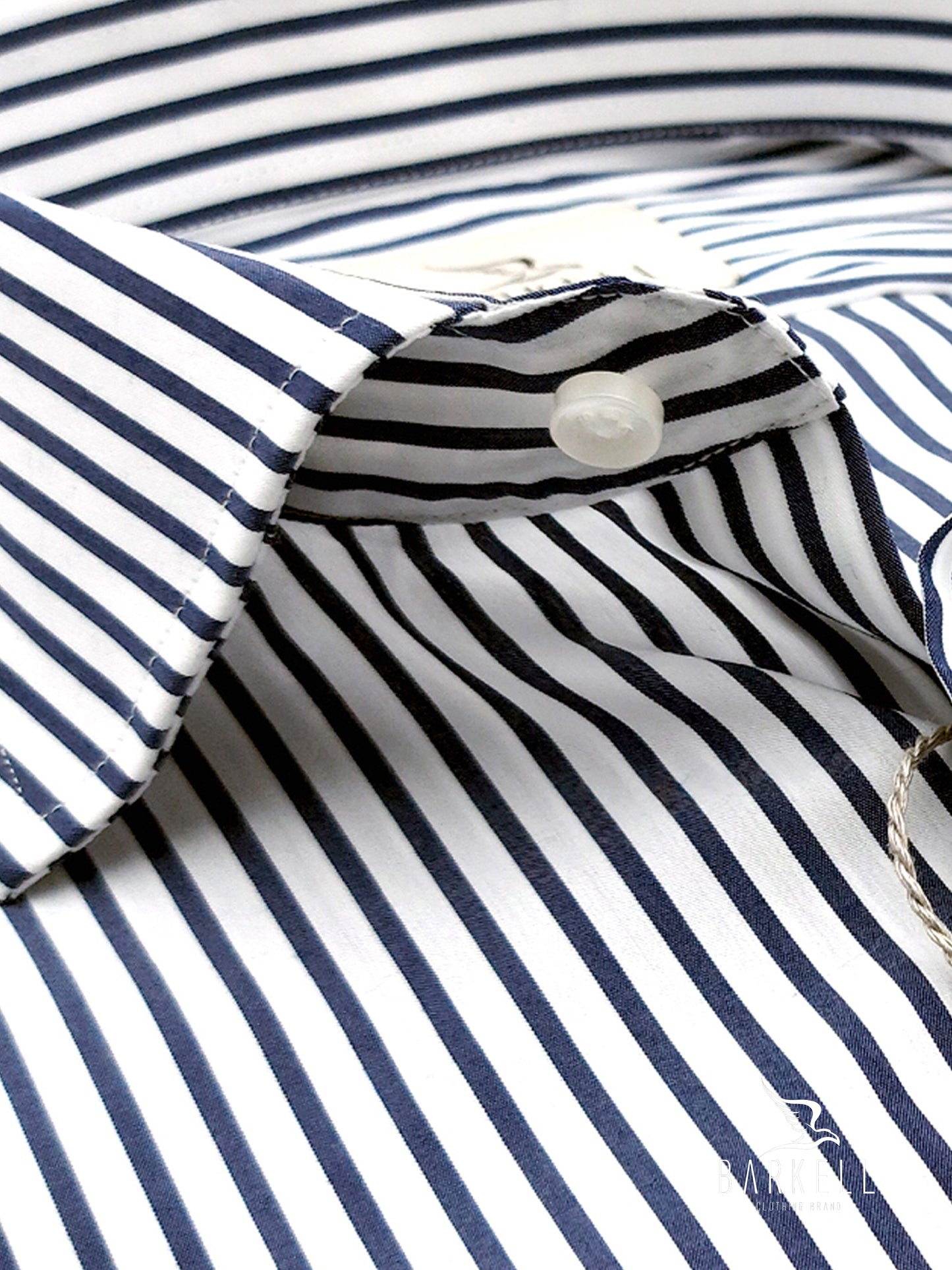 Camicia in Cotone Rigata Bianca e Blu Collo Francese