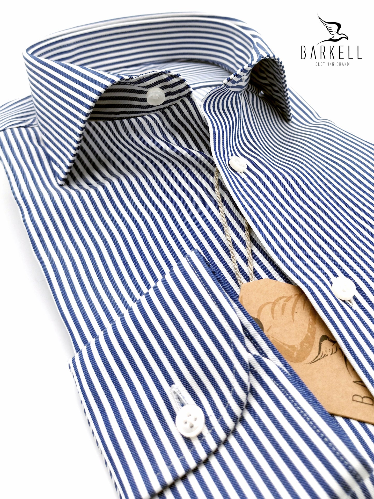 Camicia in Cotone No Stiro Rigata Bianca e Blu Collo Francese