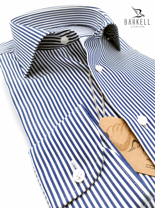 Camicia in Cotone No Stiro Rigata Bianca e Blu Collo Francese