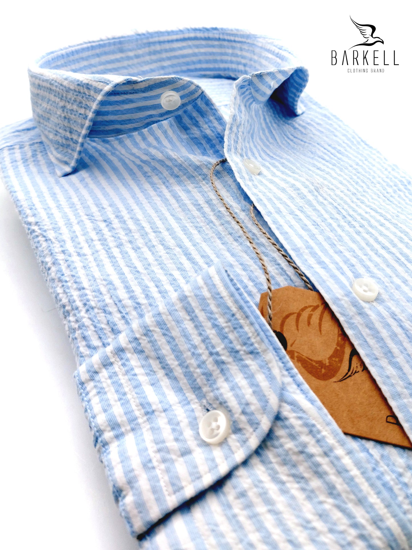 Camicia in Cotone Seersucker Rigata Celeste e Bianco Collo Francese Cutaway