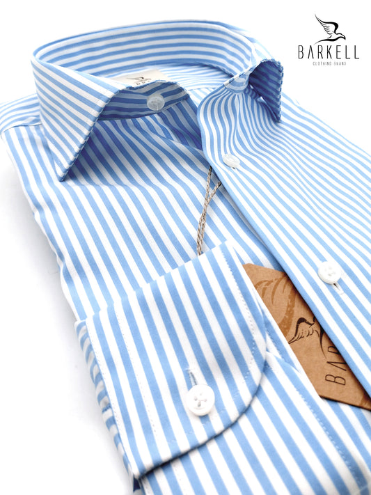 Camicia in Cotone No Stiro Rigata Celeste e Bianco Collo Francese