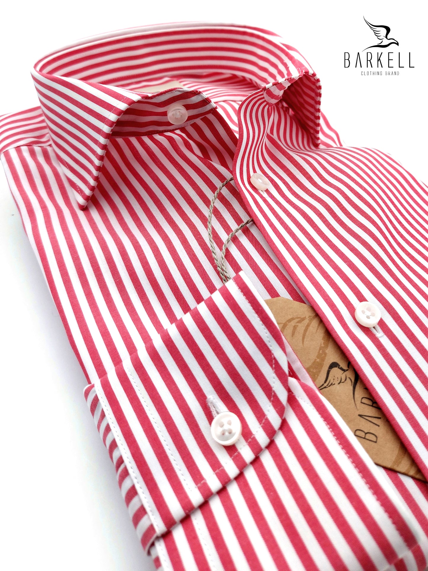 Camicia in Cotone No Stiro Rigata Rosso e Bianco Collo Francese