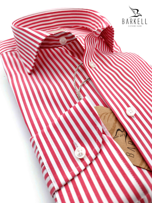Camicia in Cotone No Stiro Rigata Rosso e Bianco Collo Francese