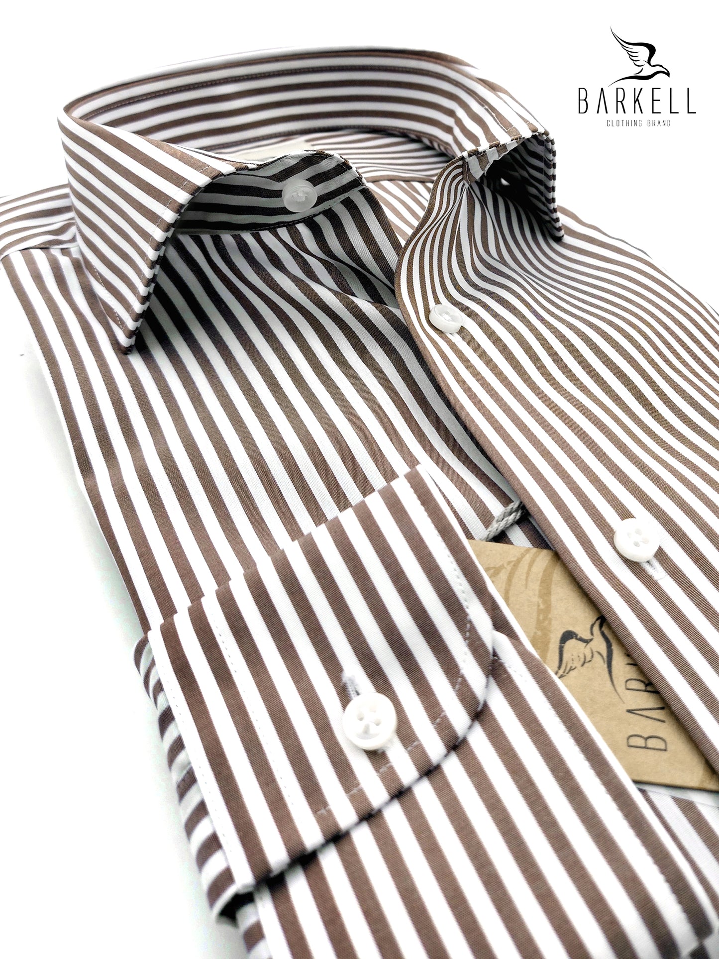 Camicia in Cotone No Stiro Rigata Marrone e Bianco Collo Francese