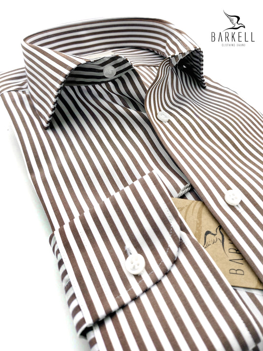 Camicia in Cotone No Stiro Rigata Marrone e Bianco Collo Francese