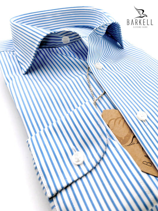 Camicia in Cotone No Stiro Rigata Bianca e Celeste Collo Francese