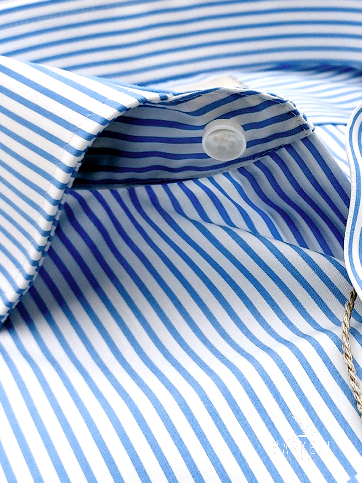 Camicia in Cotone No Stiro Rigata Bianca e Celeste Collo Francese
