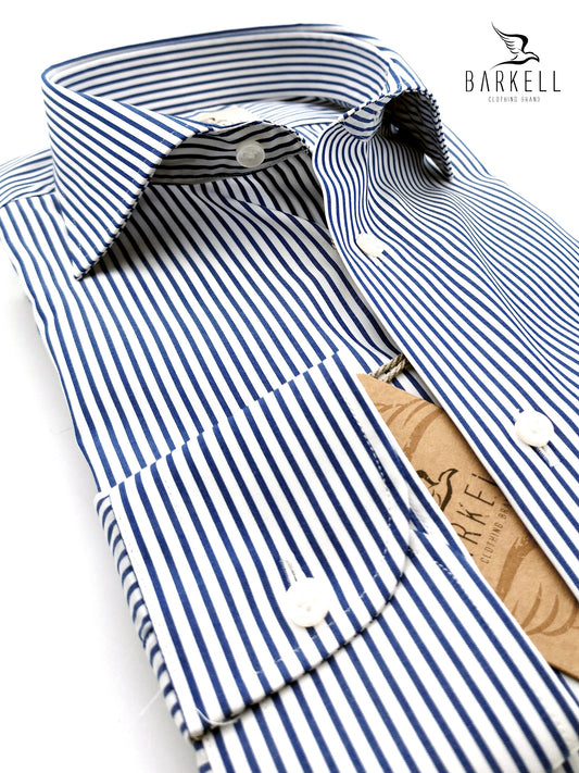 Camicia in Cotone No Stiro Rigata Bianca e Blu Collo Francese