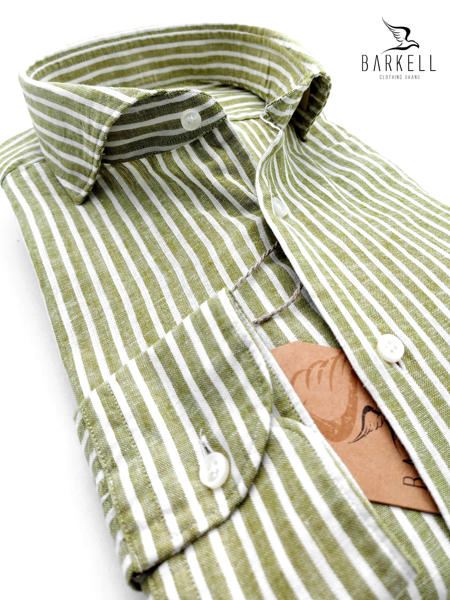 Camicia in Misto Lino Rigato Oliva e Bianco Collo Francese Cutaway