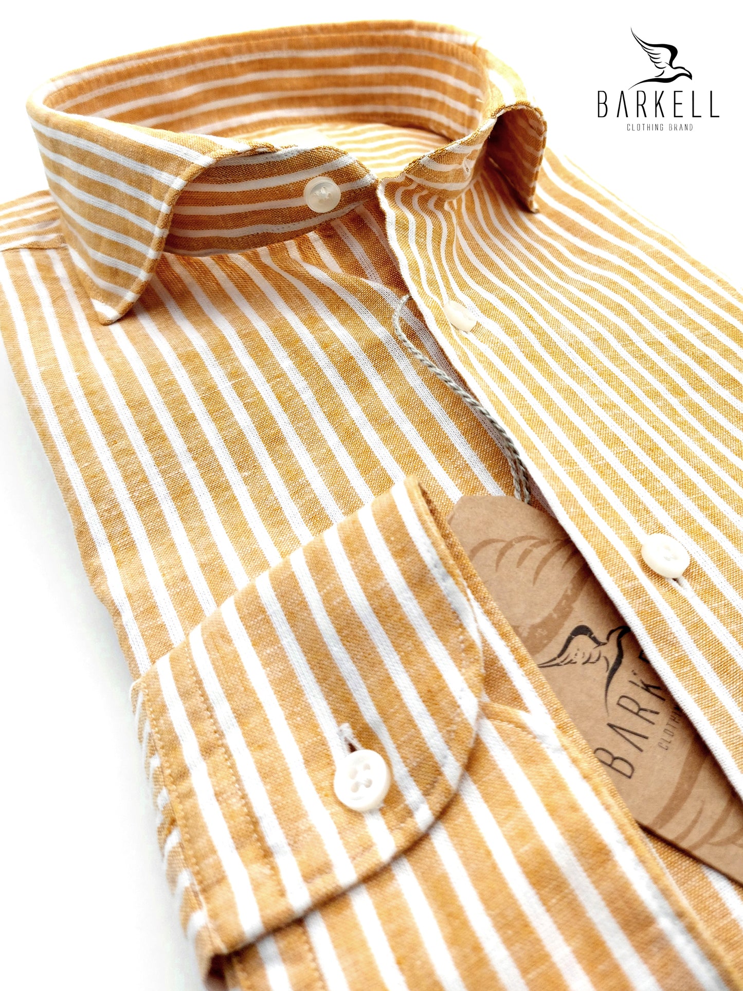 Camicia in Misto Lino Rigato Mango e Bianco Collo Francese Cutaway