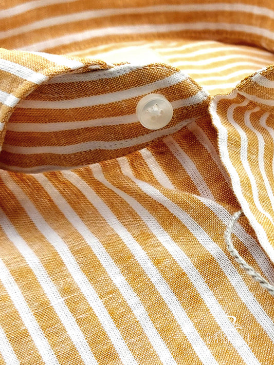 Camicia in Misto Lino Rigato Mango e Bianco Collo Francese Cutaway