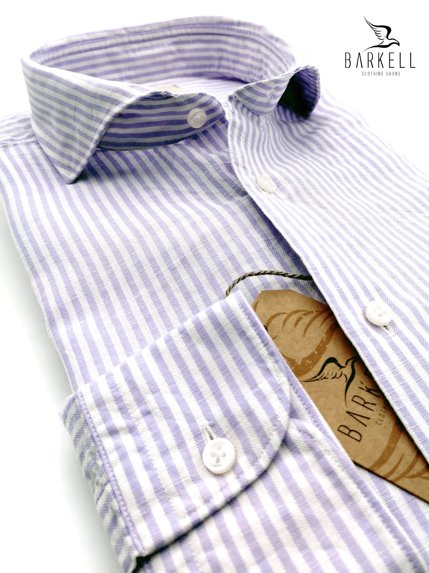 Camicia in Misto Lino Rigato Glicine e Bianco Collo Francese Cutaway