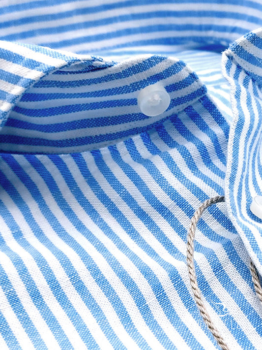 Camicia in Misto Lino Rigato Azzurro e Bianco Collo Francese Cutaway