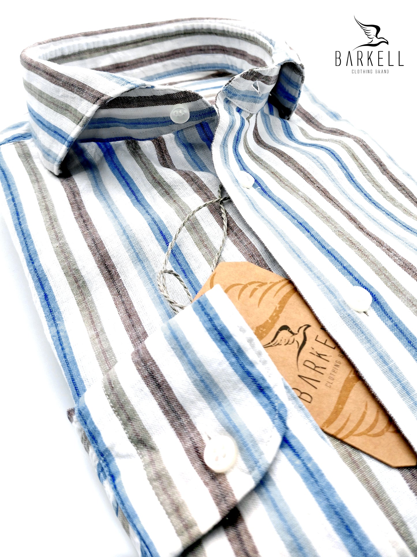 Camicia in Misto Lino Rigato Multicolore Coloniale Collo Francese Cutaway