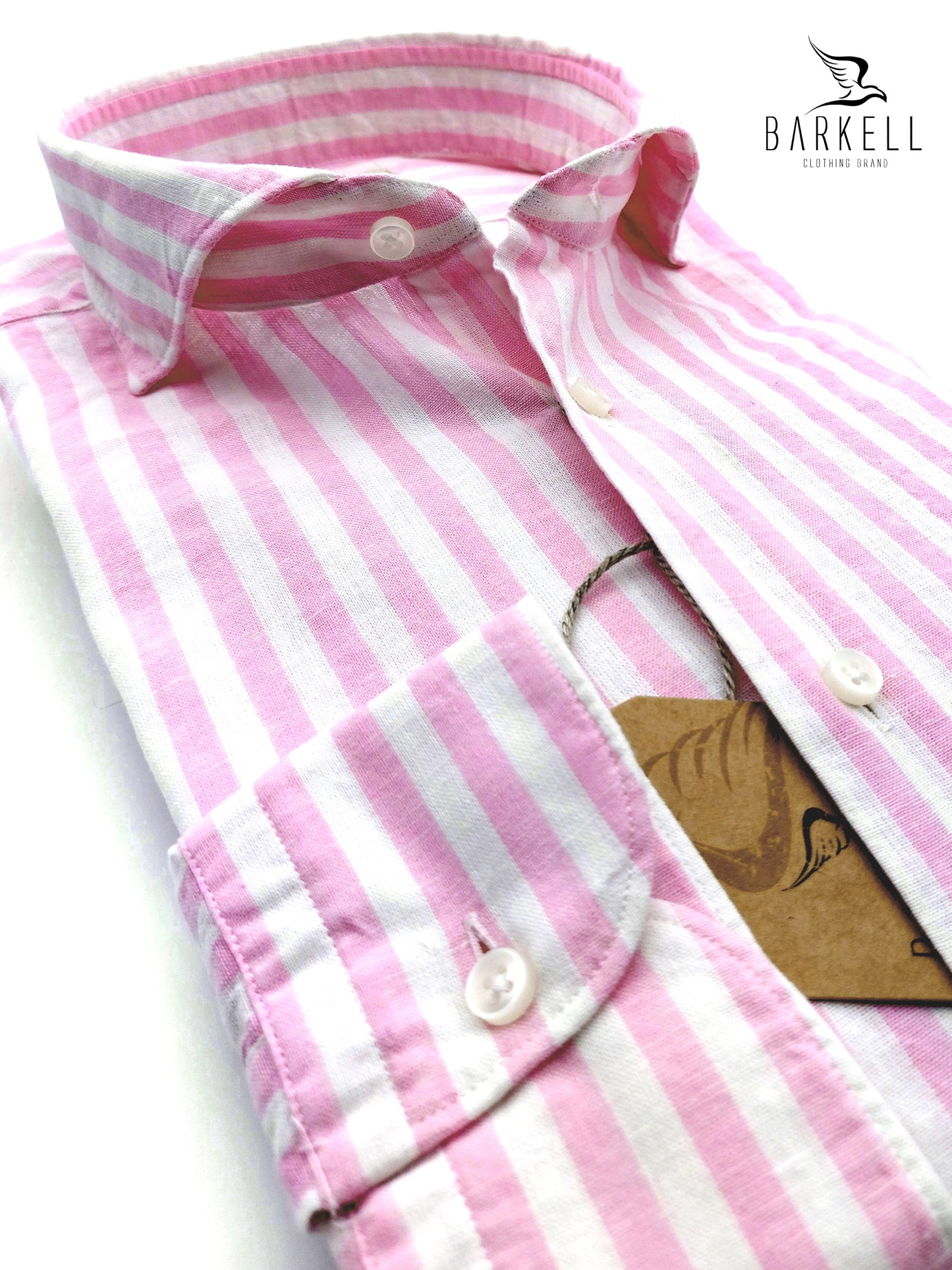 Camicia in Misto Lino Rigato Rosa e Bianco Collo Francese Cutaway