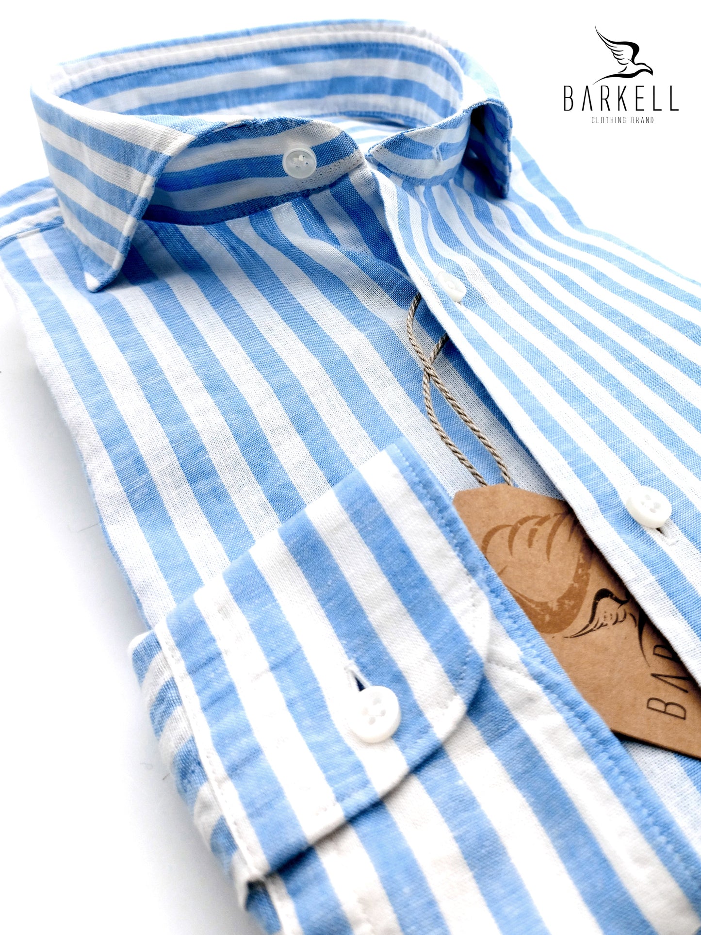 Camicia in Misto Lino Rigato Celeste e Bianco Collo Francese Cutaway
