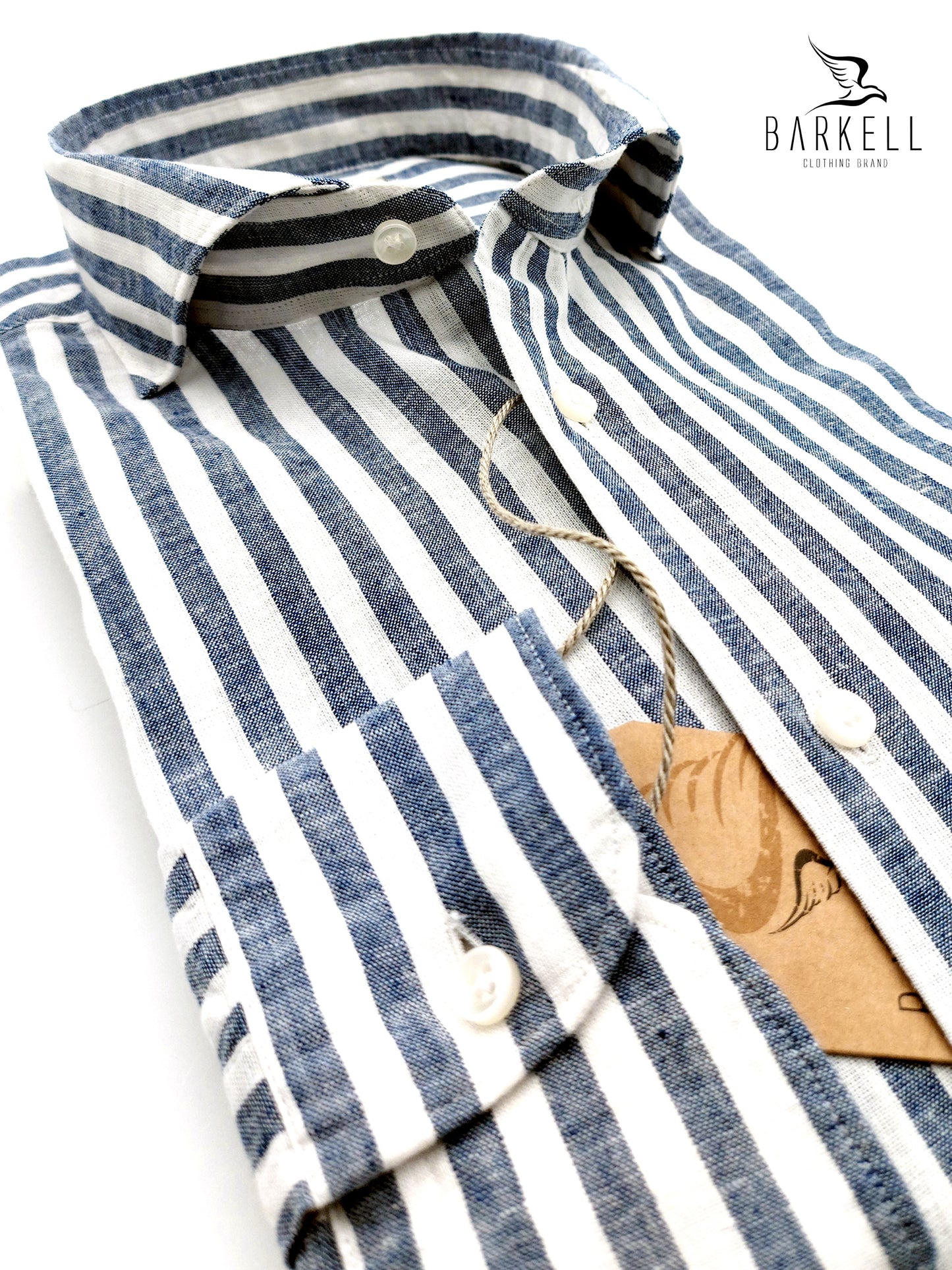 Camicia in Misto Lino Rigato Blu e Bianco Collo Francese Cutaway