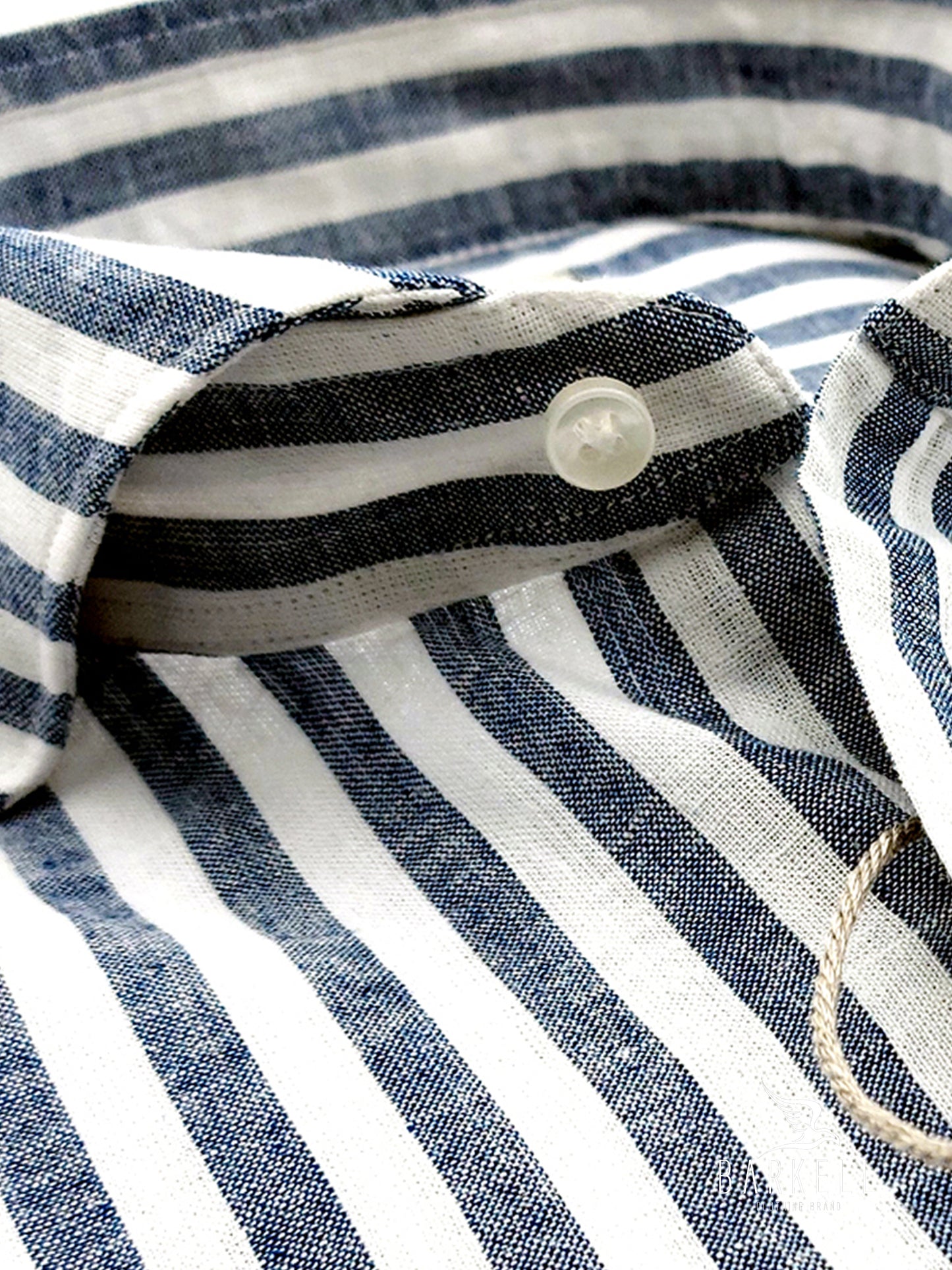 Camicia in Misto Lino Rigato Blu e Bianco Collo Francese Cutaway