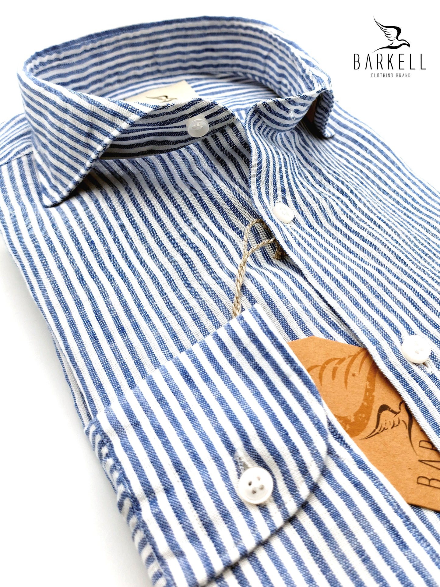 Camicia in Misto Lino Rigato Blu e Bianco Collo Francese Cutaway