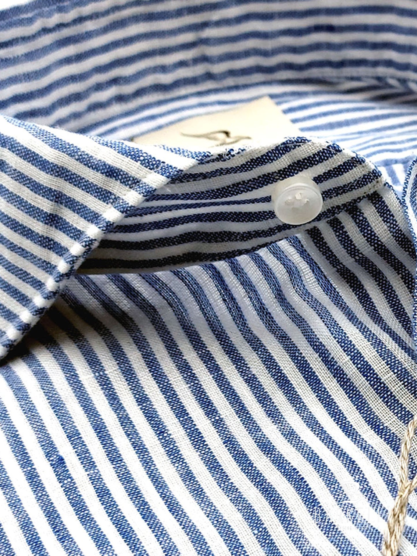 Camicia in Misto Lino Rigato Blu e Bianco Collo Francese Cutaway