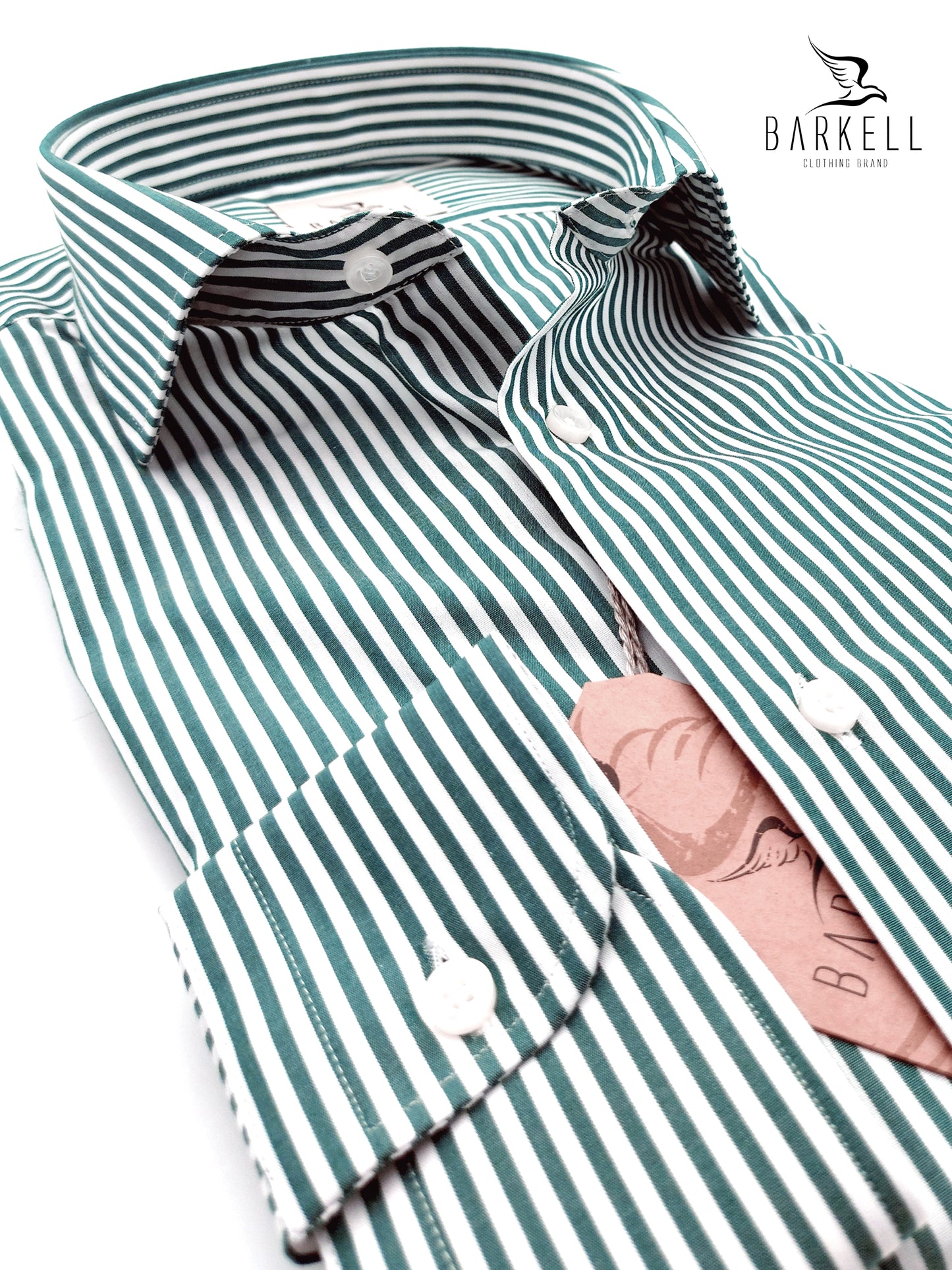 Camicia in Cotone Rigata Verde e Bianca Collo Francese