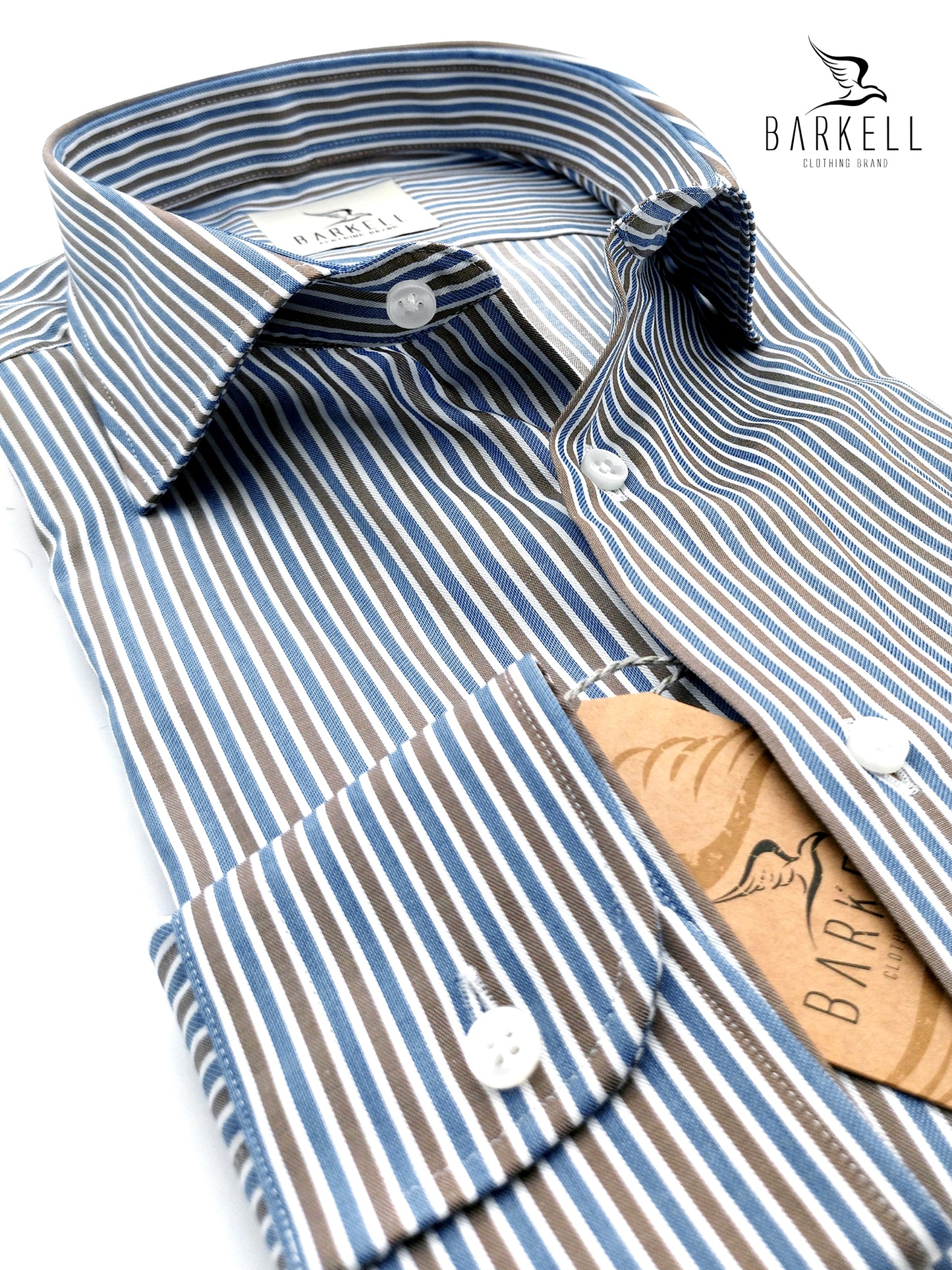 Camicia in Cotone Rigata Avio e Nocciola Collo Francese