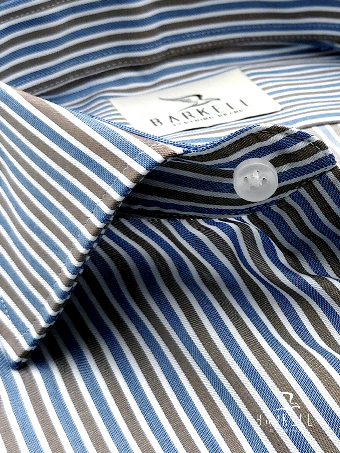 Camicia in Cotone Rigata Avio e Nocciola Collo Francese
