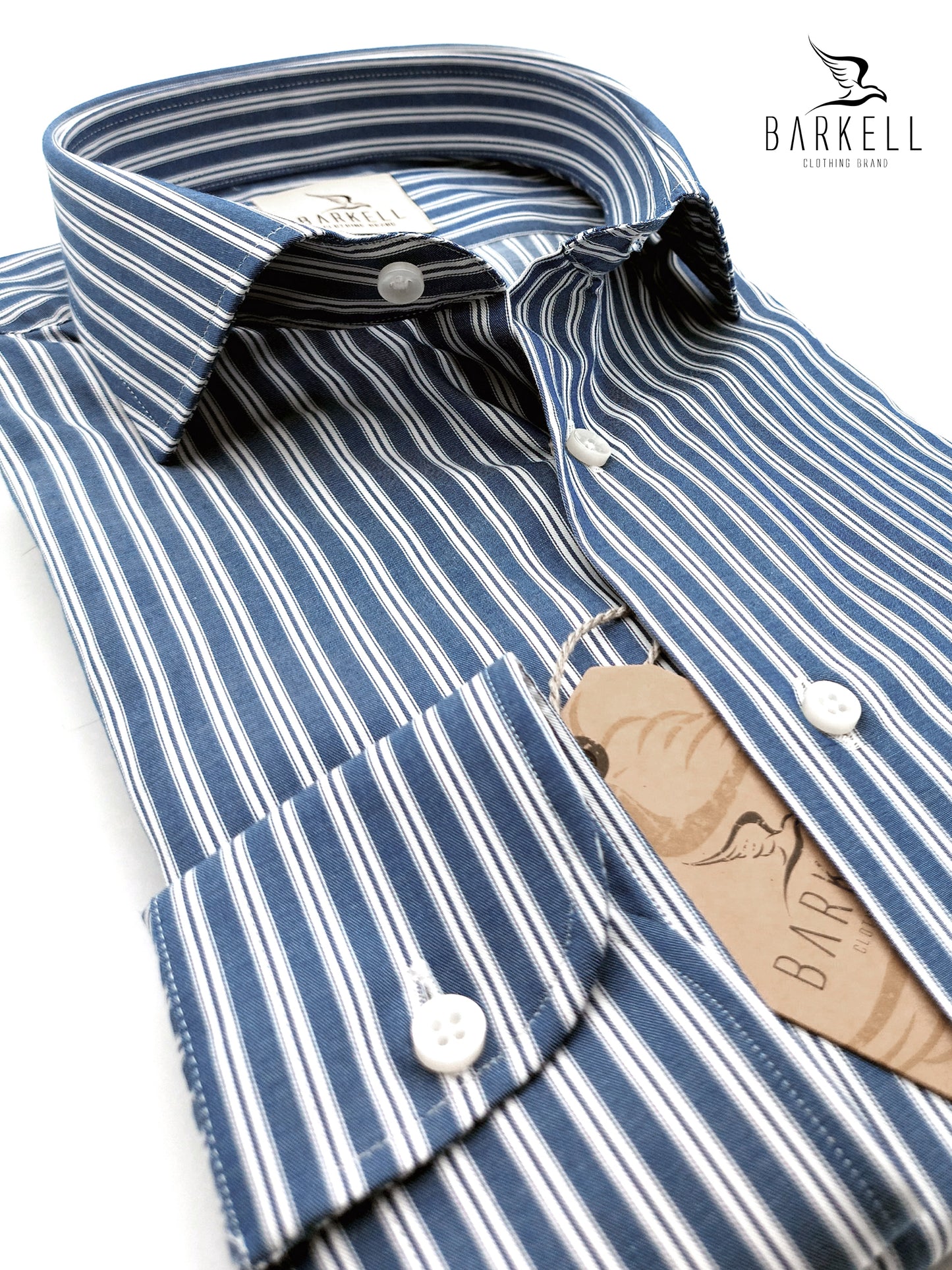 Camicia in Cotone Rigata Blu Denim e Bianca Collo Francese