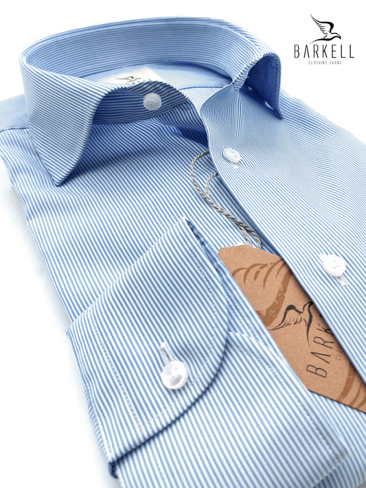 Camicia in Cotone No Stiro Rigata Bianca e Celeste Collo Francese