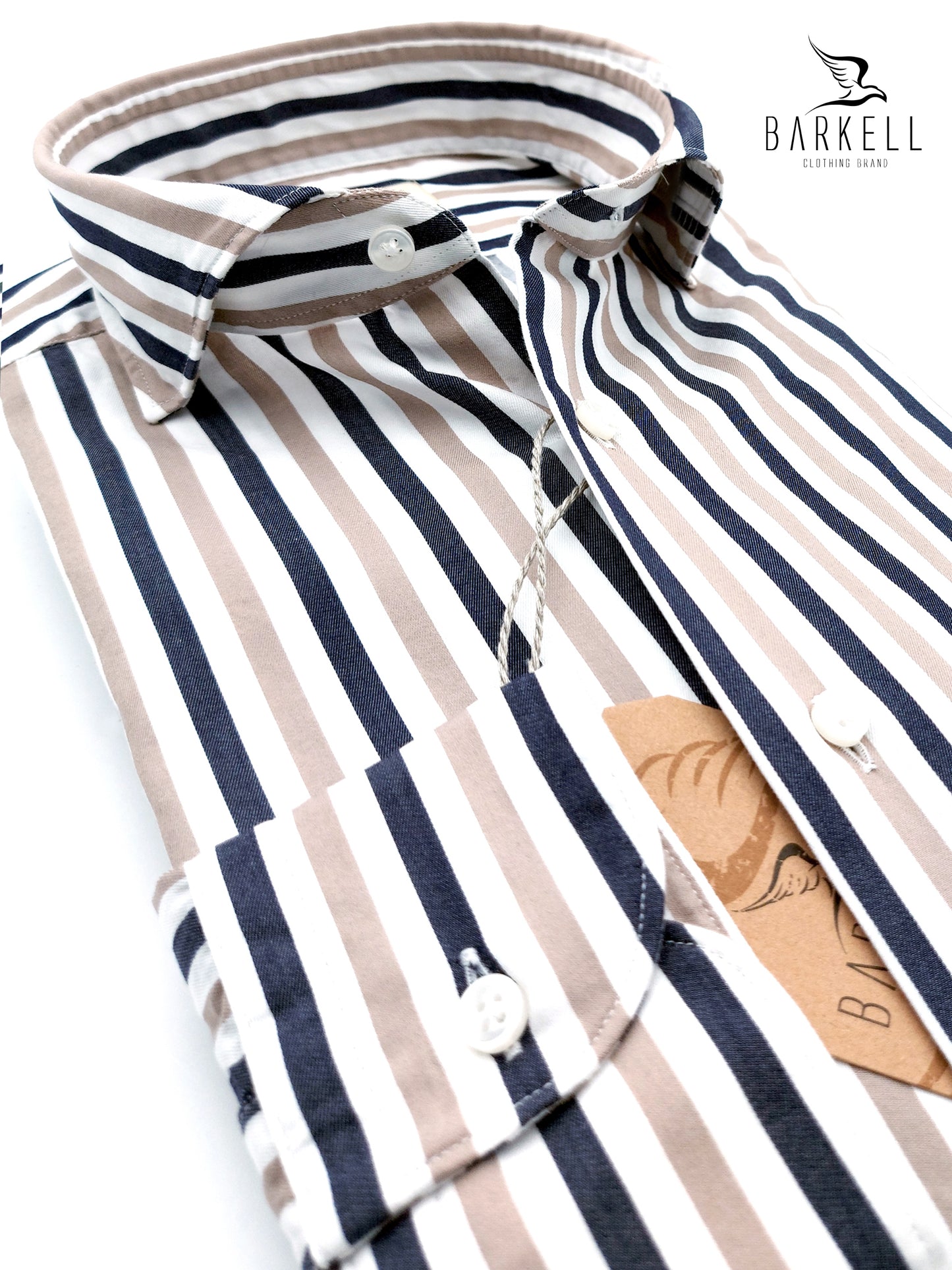 Camicia in Cotone Rigata Bianca e Beige Collo Francese Cutaway