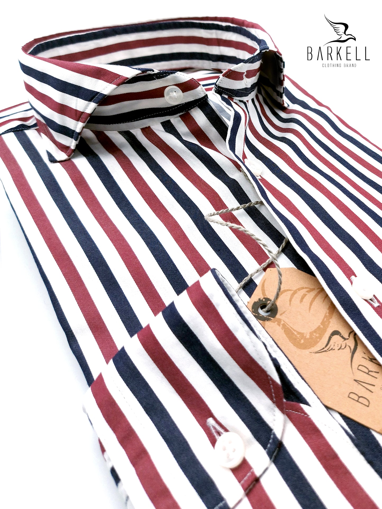 Camicia in Cotone Rigata Bianca e Bordò Collo Francese Cutaway