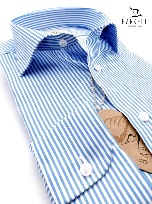 Camicia in Cotone No Stiro Rigata Bianca e Celeste Collo Francese