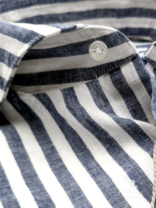 Camicia in Misto Lino Rigato Blu e Bianco Collo Francese Cutaway