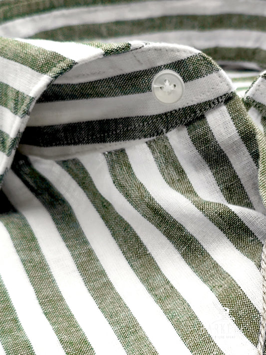 Camicia in Misto Lino Rigato Verde Oliva e Bianco Collo Francese Cutaway
