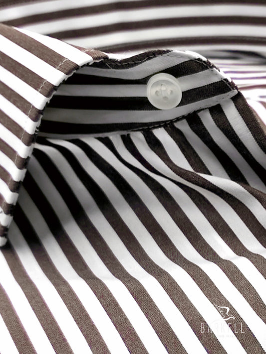 Camicia in Cotone Doppio Ritorto Rigata Marrone e Bianco Collo Francese