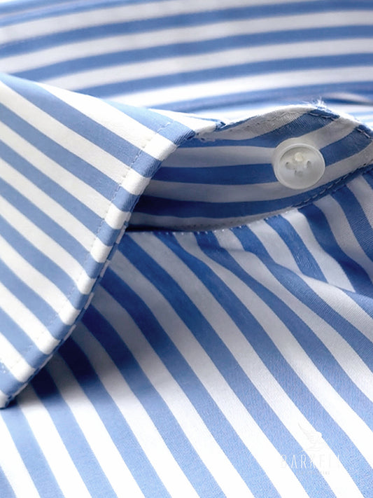 Camicia in Cotone Doppio Ritorto Rigata Celeste e Bianco Collo Francese
