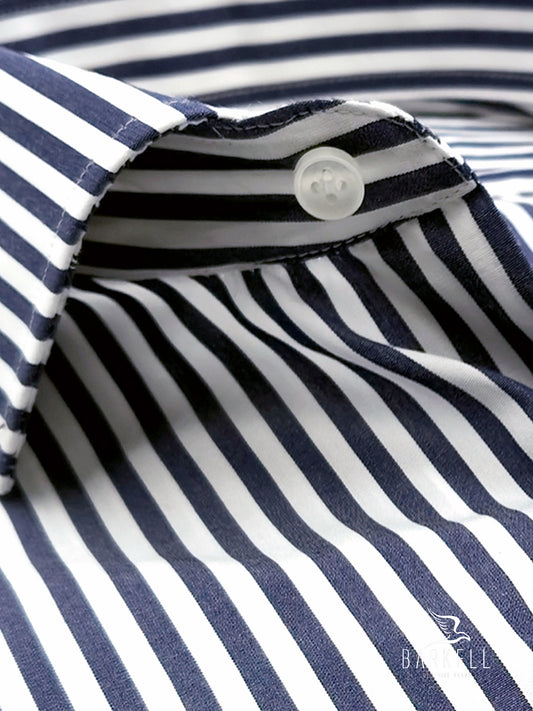 Camicia in Cotone Doppio Ritorto Rigata Blu e Bianco Collo Francese